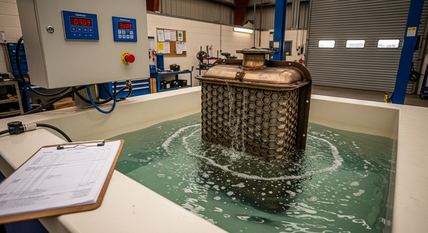 DPF unit in the ultrasonic cleaning tank at the Birmingham workshop