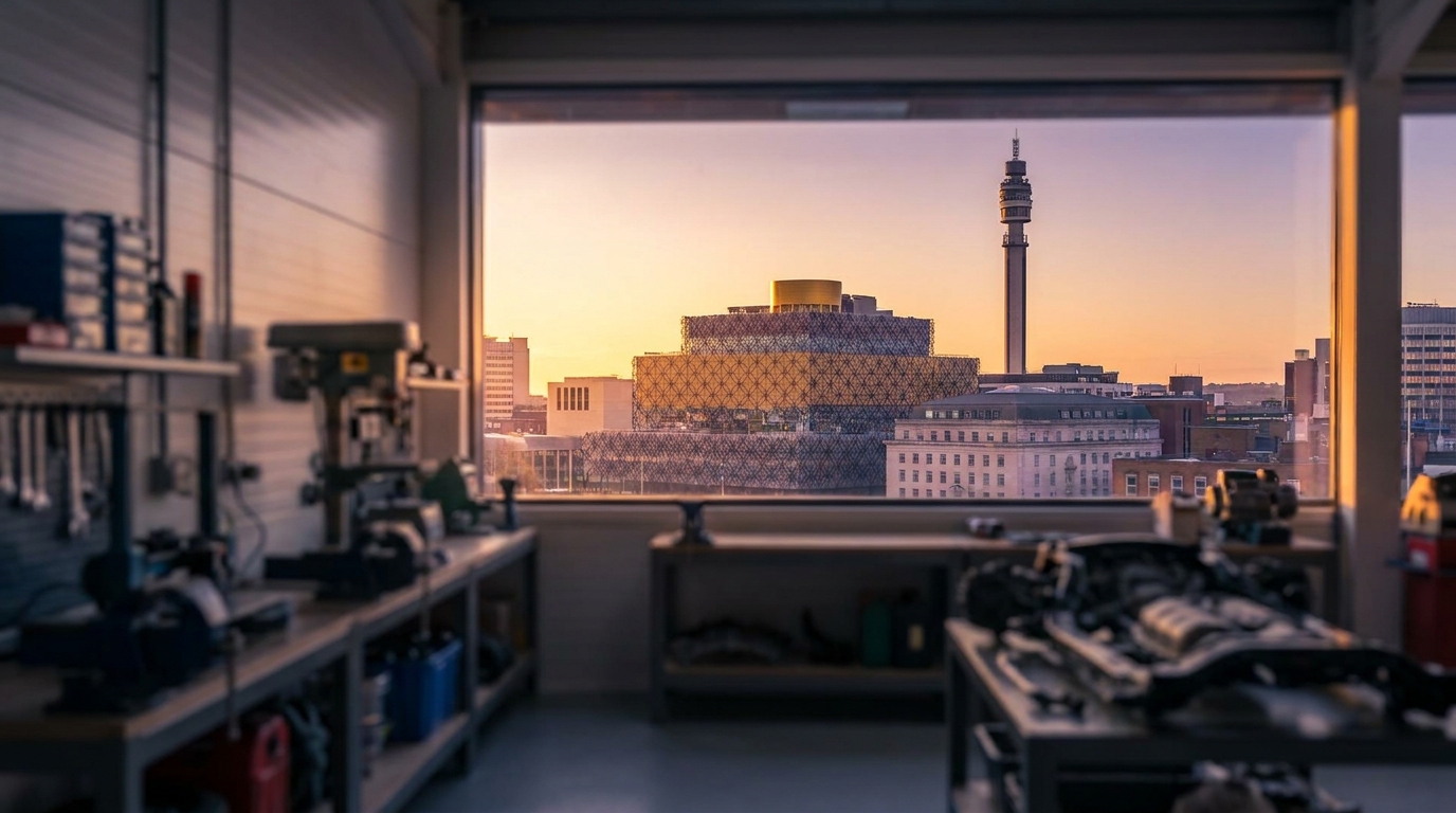 Birmingham city skyline at dusk with industrial workshop foreground