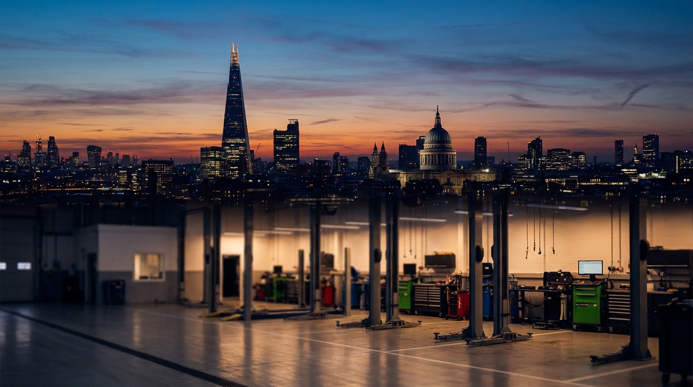 London skyline silhouette with automotive workshop foreground