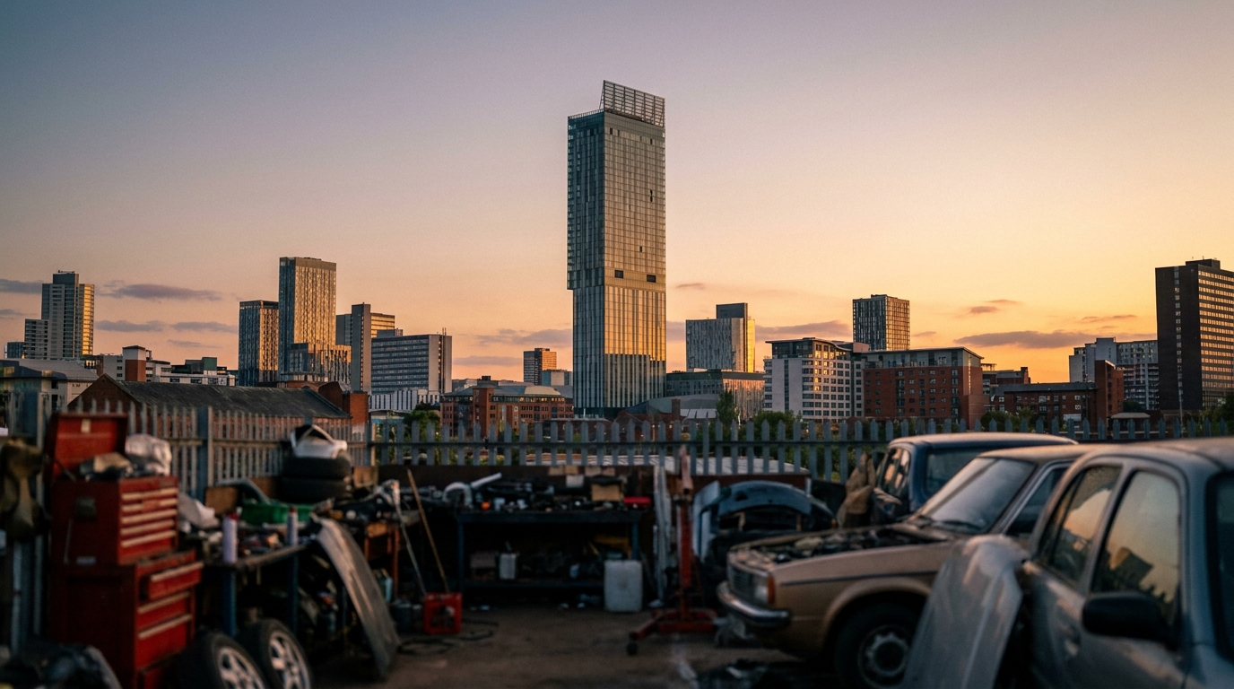 Manchester city skyline with mechanical workshop foreground